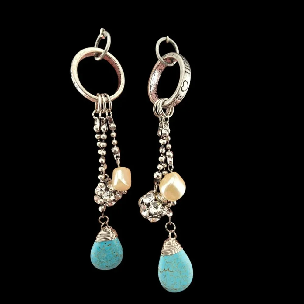 5'  Silver Dangle Earrings Turquoise Drops Faux Pearl & Crystal Accents LONG - Picture 2 of 6
